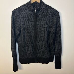 Aspen Women’s Black and Gray Printed Full Zip Cotton Blend Sweater, Size Medium